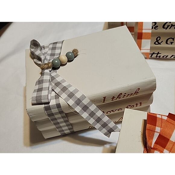 Set of 4 Stacked Faux Book Farmhouse Fall Decor Ribbon Wrapped Beads 5.75x4x3" - Picture 5 of 7